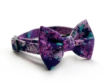 Purple Hydrangea Cat Collar Set with Matching Bowtie // Take A Bow Breakaway Cat Collar,  Purple Floral Cat Bowtie, Spring Cat Safety Collar