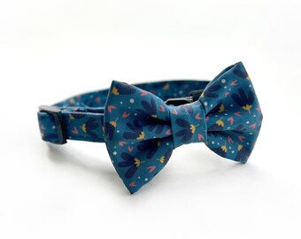 Blue Flower Power Cat Collar Set with Matching Bowtie // Take A Bow Breakaway Cat Collar, Floral Cat Bowtie, Spring Cat Safety Collar