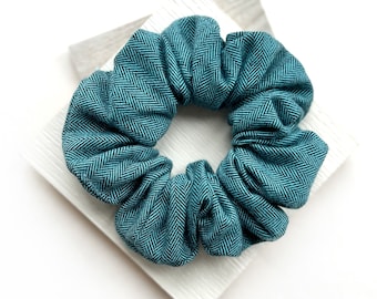 Teal Herringbone Flannel Scrunchies / Large Hair Scrunchie / Gift for Dog Mom / Hair Band / Hair tie, Accessories, Matching Dog Bow