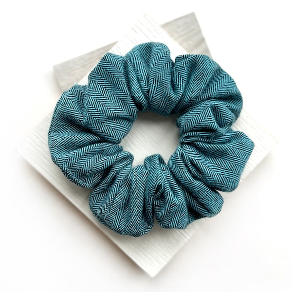 Teal Herringbone Flannel Scrunchies / Large Hair Scrunchie / Gift for Dog Mom / Hair Band / Hair tie, Accessories, Matching Dog Bow