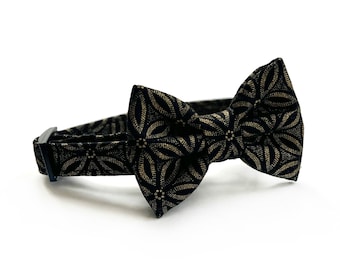 Black & Gold Flower Cat Collar Set with Matching Bowtie // Take A Bow Breakaway Cat Collar, Black Floral Cat Bowtie, Elegant Safety Collar