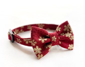 KIMONO RED Japanese Cat Bowtie Collar // Take A Bow Handmade Cat Collar, Cherry Blossom Breakaway Collar, Red Sakura Japan Style Cat Collar