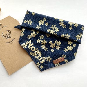 KIMONO BLUE Gold Sakura Dog Bandana // Take A Bow Handmade Pet Bandana, Blue Cherry Blossom Dog Bandana, Japan Fabric Sakura Pet Bandana