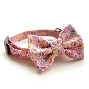 ASANOHA NATSU Pink Japanese Cat Collar Bowtie Set // Take A Bow Handmade Cat Collar, Kitten Breakaway Collar, Pink Star Japanese Cat Collar