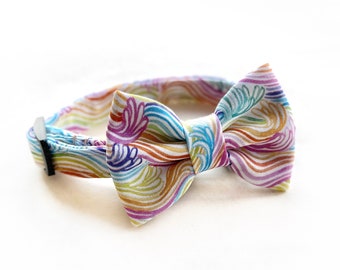 RAINBOW WAVES Cat Bowtie Collar Set // Take A Bow Handmade Cat Collar, Kitten Safety Breakaway Collar, Rainbow Cat Collar with Bowtie