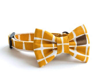 TILES TURMERIC - Cat Bowtie Collar // Take A Bow Handmade Cotton Cat Collar, Cat Collar, Kitten Collar, Breakaway Collar, Yellow Collar