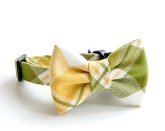 SHEFFIELD Green Plaid - Cat Bowtie Collar // Take A Bow Handmade Cotton Cat Collar, Kitten Collar, Breakaway Collar, Yellow Plaid Bowtie