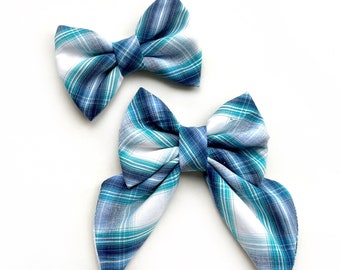 GRINDAVIK - Dog Bow & Sailor Bow // Take A Bow Handmade Bowtie, Collar with Matching Bow, Icy Blue Plaid Bowtie for Boy Dog