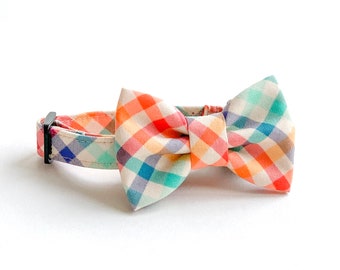 EVANDALE Rainbow Plaid Cat Collar with matching bowtie// Take A Bow Handmade Cat Collar, Kitten Breakaway Collar, LGBT Pride Cat Collar