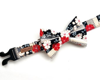 YAEZAKURA - Japanese Dog Bow Collar Set // Take A Bow Handmade Cotton Dog Collar, Puppy Bowtie Collar, Japanese Sailor Bow, Black Sakura