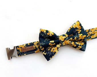 Mimosa Spring Puppy Bow Tie with Collar // Take A Bow Handmade Bowtie, Yellow Floral Dog Collar, Dark Blue Dog Sailor Bow with Yellow Flower