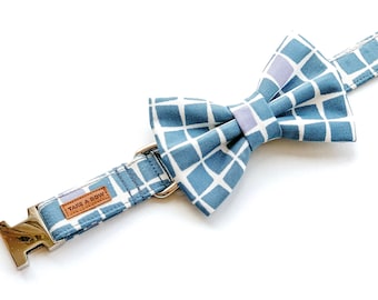 TILES BLUECORN - Dog Bow Collar // Take A Bow Handmade Cotton Dog Collar, Metal Hardware, Bowtie Collar, Puppy Bowtie Collar, Modern Collar