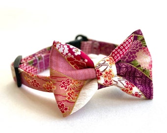MIYAKO PURPLE - Japanese Cat Bowtie Collar // Take A Bow Handmade Cotton Cat Collar, Kitten Collar, Breakaway Collar, Purple & Pink
