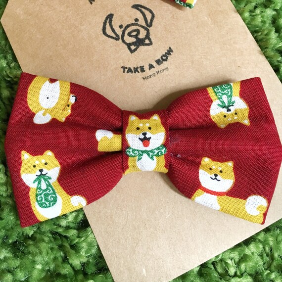 Shiba Chan Red Dog Bow Tie Japanese Bowtie Shiba Inu Karakusa Pet Bowtie Slip On Collar Bowtie Red Japan Fabric Shiba Dog