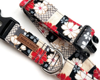 Black & Red Japanese Floral Dog Bow Collar Set // Take A Bow Handmade Dog Collar, Kimono Japan Dog Bow, Japanese Sailor Bow, Black Sakura