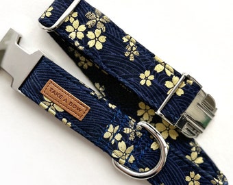 KIMONO BLUE - Japanese Dog Bow Collar // Take A Bow Handmade Cotton Dog Collar, Puppy Bowtie Collar, Cherry Blossoms, Blue and Gold Sakura