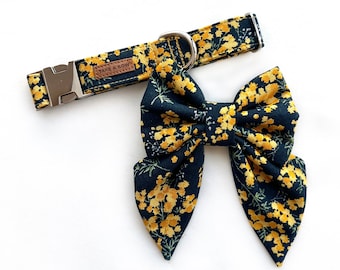 Mimosa Flower Dog Collar & Bow Tie Set // Take A Bow Handmade Dog Collar Bowtie, Blue Flower Dog Bow Tie, Yellow Spring Puppy Collar