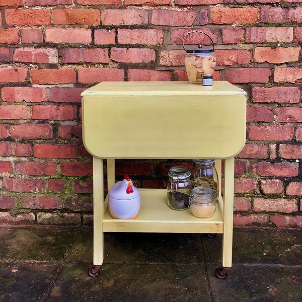 SOLD *** Reclaimed Tea Trolley Shabby Chic Drop Leaf Vintage Solid Oak 50's Pale Yellow Farm Country Retro Kitchen