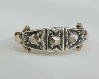 Antique Diamond Ring, 12k Gold Art Deco Three Stone Ring with Rose Cut Diamonds Trilogy Ring