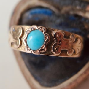 Antique Victorian 14k Gold Turquoise Ring, Engraved Inscription Ring, 1800s Turquoise Band Ring