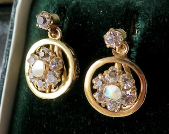 Antike Italienische Ohrringe mit Bergkristall und Perlmutt, 12k Gold, Bourbon Schmuck, Dormeuse Ohrringe, Schwellen Ohrringe
