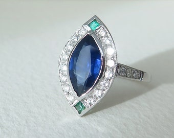 Antieke Art Deco Ring, 18k Goud, Natuurlijke Saffier, Smaragden, Diamanten Marquise Ring, Italiaanse jaren 1940 Ring