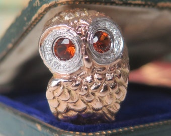 RESERVED <<<<<< please DON'T BUY >>>>>>> Vintage Retro Owl Ring with Diamonds and Topaz, 14k Gold Owl Ring, Antique Figural Ring