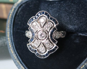 RESERVED for D. 3rd payment <<<< Vintage Art Deco Shield Ring with Diamonds and Sapphires, 18k White Gold, Carre Cut Sapphire