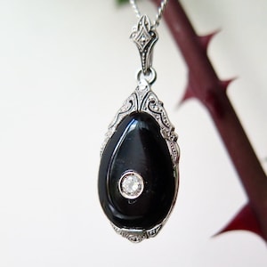 Antike Art Deco Halskette mit Onyx und Diamant, Silber, Anfang 1900