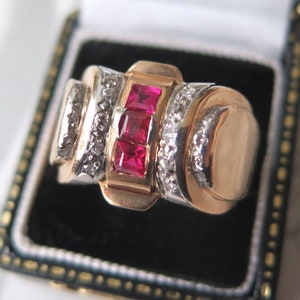 French Art Deco TANK Ring with Rubies and Diamonds, 18k Gold Natural Rubies, Carre Cut Rubies