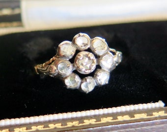 Antique Diamond Cluster Ring, 14k Gold, 1800s Rose Cut Diamonds