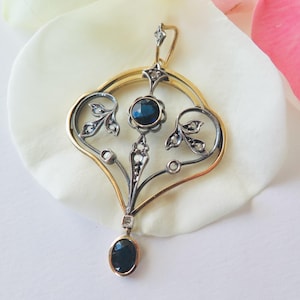 Antique Art Nouveau Necklace, 18K Gold, Sapphires and Diamonds, Early 1900s
