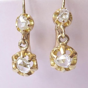 Antique Art Deco 18K Gold & Rose-Cut Diamond Drop Earrings, Dormeuse Earrings, 1ctw Diamond Earrings, Art Deco Earrings, Bridal Jewelry