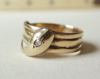 Antique 9k Gold Snake Ring: Victorian Peruzzi Diamond Serpent, Size 10.5