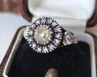 Antique Georgian Diamond Cluster Ring, 14k Gold and Rose Cut Diamonds, Mid 1800s