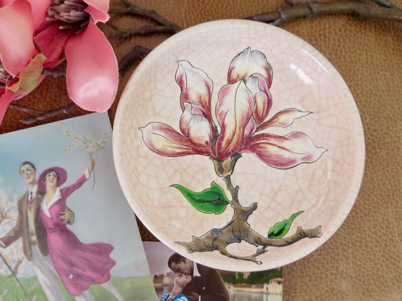 Rare Longwy Magnolia Dish Faience Vide Poche Dish Longwy Pin Tray with Pink Magnolia