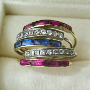 Antique 18k Gold Harem Ring: Ruby, Blue & White Sapphire, Multi-Band