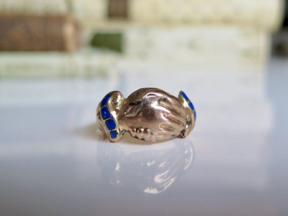 Antique Enameled Gold Fede Ring, Blue Enamel Gold