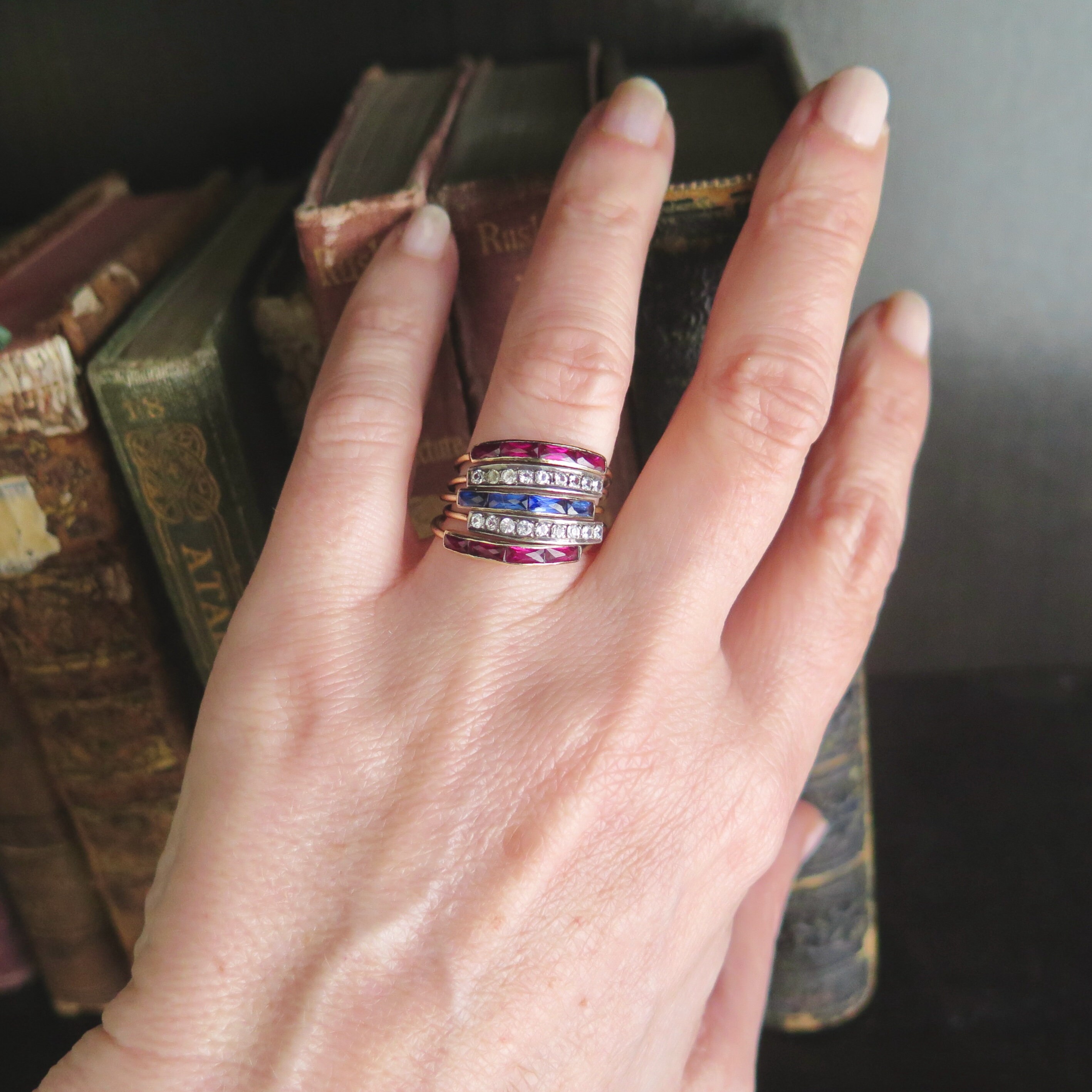ヴィンテージ風宝石付きリングセット Unique Leaf Nature Inspired Ring Vintage Hexagon Ruby
