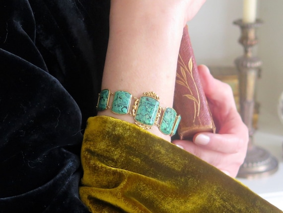 Antique 18ct Gold and Simulated Malachite Bracele… - image 2