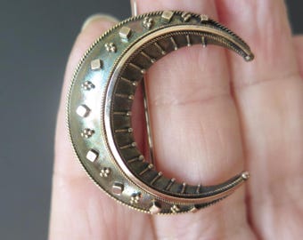 Broche victoriano antiguo de media luna en oro y plata de 14 k