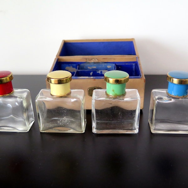 Antique Coffret of Art Deco Perfume Bottles, early 1900s Scent Bottles with Colored Tops Small Trunk of Antique Perfume Bottles