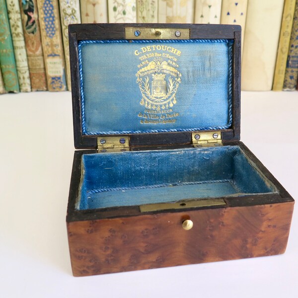 Antique French Jewelry Box, Victorian Paris Briar Box, Silk Lining, Gold Lettering Art Nouveau Box