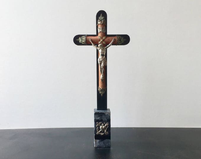 Antique Altar Cross Wood and Red Velvet White Metal Corpus Etsy