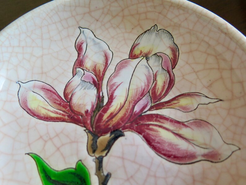 Rare Longwy Magnolia Dish Faience Vide Poche Dish Longwy Pin Tray with Pink Magnolia