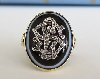 Vintage Statement Ring mit Gebändertem Achat und Diamanten, 14k Gold, Initialen SL oder SJ