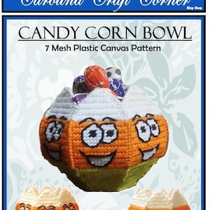 May include: A plastic canvas pattern for a candy corn bowl. The pattern is for a 7-mesh canvas and features a smiling candy corn design. The pattern includes instructions for making the bowl and a small candy corn design.