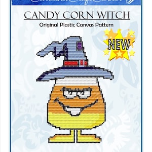 May include: A plastic canvas pattern of a candy corn witch wearing a blue witch hat with a red band. The candy corn witch has a yellow, orange, and white body with a smiling face and two legs. The pattern is labeled "Candy Corn Witch" and "Original Plastic Canvas Pattern". The image also includes the text "NEW".
