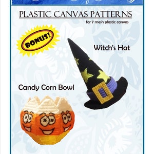 May include: Two plastic canvas patterns for Halloween crafts. The first pattern is for a candy corn bowl with a smiling face. The second pattern is for a witch's hat with a purple brim and a black crown.