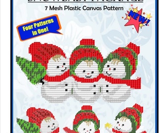 BONUS PATTERNS! Adorable Snowbabies Wall Hanging Decoration 4 in 1 Plastic Canvas Pattern Package in PDF Instant Download 7 Mesh